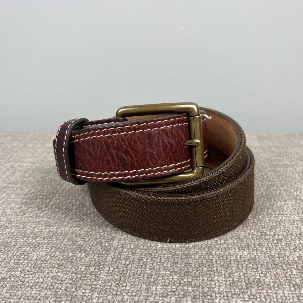 Chippewa Western Cowboy Olive Green Nylon Brown Leather Belt Brass Men’s Size 42